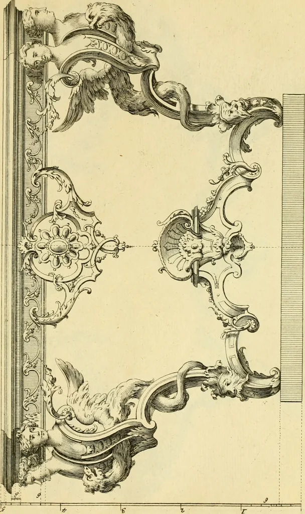 An illustration from The city and country builder's and workman's treasury of designs : or, The art of drawing and working the ornamental parts of architecture. Illustrated by upwards of four hundred grand designs, neatly engraved one hundred and eighty-fix Copper plates, for piers, gates, doors, windowns, niches, buffets, cisterns, chimney pieces, tabernacle frames, pavements, frets, gulochi's, pulpits, types, altar pieces, monuments, fonts, obelisques, pedestals, for sun-dials, busto's and stone tables, book-cafes, cielings and iron works ; proprortioned by Aliquot Pars ; with an appendix of fourteen plates of strusses for girders and beams, different sorts of rafters, and a variety of roofs, &c ; to which are prefix'd the five orders of columns, according to Andrea Palladio ; whose members are apportioned by Aliquot Pars, in a more easy manner, than has yet been done ; the whole interspersed with sure rules for working all the varieties of raking members in pediments, modilions, &c. the like, for the immediate use of workmen, never published before in any language, 1741, leaf 310