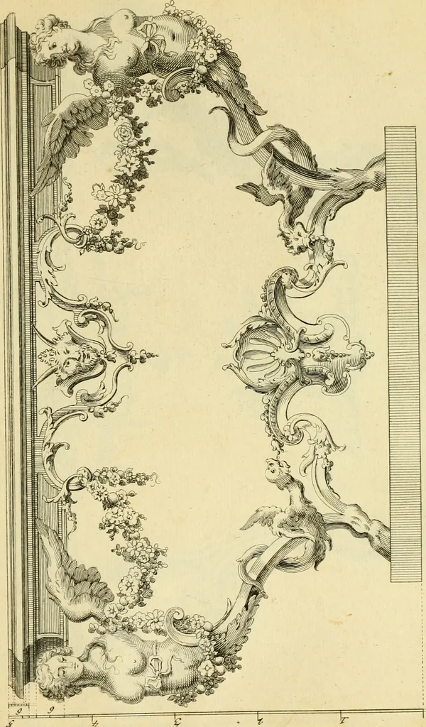An illustration from The city and country builder's and workman's treasury of designs : or, The art of drawing and working the ornamental parts of architecture. Illustrated by upwards of four hundred grand designs, neatly engraved one hundred and eighty-fix Copper plates, for piers, gates, doors, windowns, niches, buffets, cisterns, chimney pieces, tabernacle frames, pavements, frets, gulochi's, pulpits, types, altar pieces, monuments, fonts, obelisques, pedestals, for sun-dials, busto's and stone tables, book-cafes, cielings and iron works ; proprortioned by Aliquot Pars ; with an appendix of fourteen plates of strusses for girders and beams, different sorts of rafters, and a variety of roofs, &c ; to which are prefix'd the five orders of columns, according to Andrea Palladio ; whose members are apportioned by Aliquot Pars, in a more easy manner, than has yet been done ; the whole interspersed with sure rules for working all the varieties of raking members in pediments, modilions, &c. the like, for the immediate use of workmen, never published before in any language, 1741, leaf 312