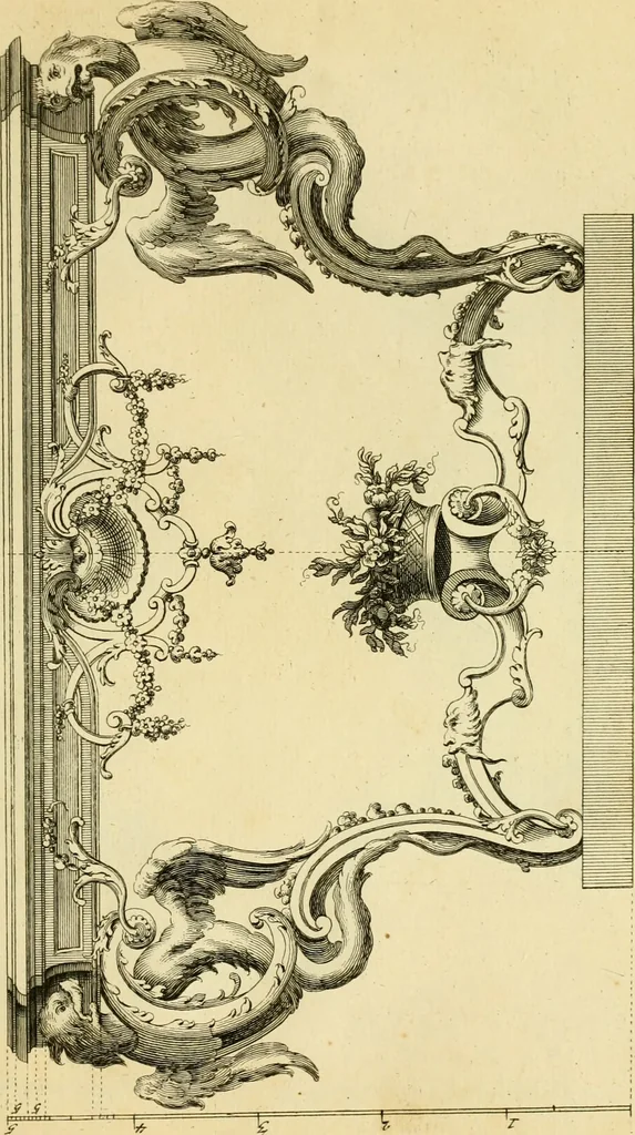 An illustration from The city and country builder's and workman's treasury of designs : or, The art of drawing and working the ornamental parts of architecture. Illustrated by upwards of four hundred grand designs, neatly engraved one hundred and eighty-fix Copper plates, for piers, gates, doors, windowns, niches, buffets, cisterns, chimney pieces, tabernacle frames, pavements, frets, gulochi's, pulpits, types, altar pieces, monuments, fonts, obelisques, pedestals, for sun-dials, busto's and stone tables, book-cafes, cielings and iron works ; proprortioned by Aliquot Pars ; with an appendix of fourteen plates of strusses for girders and beams, different sorts of rafters, and a variety of roofs, &c ; to which are prefix'd the five orders of columns, according to Andrea Palladio ; whose members are apportioned by Aliquot Pars, in a more easy manner, than has yet been done ; the whole interspersed with sure rules for working all the varieties of raking members in pediments, modilions, &c. the like, for the immediate use of workmen, never published before in any language, 1741, leaf 314