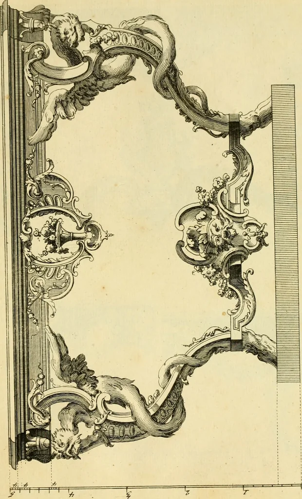 An illustration from The city and country builder's and workman's treasury of designs : or, The art of drawing and working the ornamental parts of architecture. Illustrated by upwards of four hundred grand designs, neatly engraved one hundred and eighty-fix Copper plates, for piers, gates, doors, windowns, niches, buffets, cisterns, chimney pieces, tabernacle frames, pavements, frets, gulochi's, pulpits, types, altar pieces, monuments, fonts, obelisques, pedestals, for sun-dials, busto's and stone tables, book-cafes, cielings and iron works ; proprortioned by Aliquot Pars ; with an appendix of fourteen plates of strusses for girders and beams, different sorts of rafters, and a variety of roofs, &c ; to which are prefix'd the five orders of columns, according to Andrea Palladio ; whose members are apportioned by Aliquot Pars, in a more easy manner, than has yet been done ; the whole interspersed with sure rules for working all the varieties of raking members in pediments, modilions, &c. the like, for the immediate use of workmen, never published before in any language, 1741, leaf 316