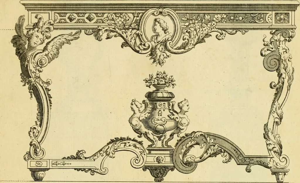 An illustration from The city and country builder's and workman's treasury of designs : or, The art of drawing and working the ornamental parts of architecture. Illustrated by upwards of four hundred grand designs, neatly engraved one hundred and eighty-fix Copper plates, for piers, gates, doors, windowns, niches, buffets, cisterns, chimney pieces, tabernacle frames, pavements, frets, gulochi's, pulpits, types, altar pieces, monuments, fonts, obelisques, pedestals, for sun-dials, busto's and stone tables, book-cafes, cielings and iron works ; proprortioned by Aliquot Pars ; with an appendix of fourteen plates of strusses for girders and beams, different sorts of rafters, and a variety of roofs, &c ; to which are prefix'd the five orders of columns, according to Andrea Palladio ; whose members are apportioned by Aliquot Pars, in a more easy manner, than has yet been done ; the whole interspersed with sure rules for working all the varieties of raking members in pediments, modilions, &c. the like, for the immediate use of workmen, never published before in any language, 1741, leaf 318