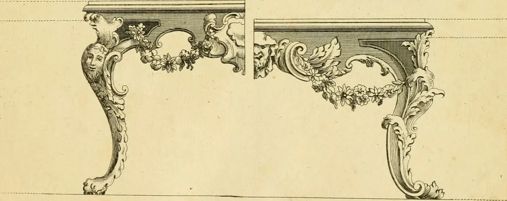 An illustration from The city and country builder's and workman's treasury of designs : or, The art of drawing and working the ornamental parts of architecture. Illustrated by upwards of four hundred grand designs, neatly engraved one hundred and eighty-fix Copper plates, for piers, gates, doors, windowns, niches, buffets, cisterns, chimney pieces, tabernacle frames, pavements, frets, gulochi's, pulpits, types, altar pieces, monuments, fonts, obelisques, pedestals, for sun-dials, busto's and stone tables, book-cafes, cielings and iron works ; proprortioned by Aliquot Pars ; with an appendix of fourteen plates of strusses for girders and beams, different sorts of rafters, and a variety of roofs, &c ; to which are prefix'd the five orders of columns, according to Andrea Palladio ; whose members are apportioned by Aliquot Pars, in a more easy manner, than has yet been done ; the whole interspersed with sure rules for working all the varieties of raking members in pediments, modilions, &c. the like, for the immediate use of workmen, never published before in any language, 1741, leaf 318