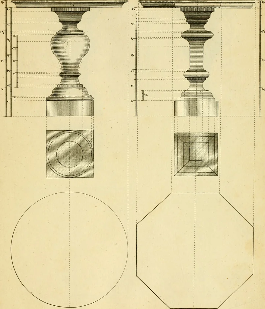 An illustration from The city and country builder's and workman's treasury of designs : or, The art of drawing and working the ornamental parts of architecture. Illustrated by upwards of four hundred grand designs, neatly engraved one hundred and eighty-fix Copper plates, for piers, gates, doors, windowns, niches, buffets, cisterns, chimney pieces, tabernacle frames, pavements, frets, gulochi's, pulpits, types, altar pieces, monuments, fonts, obelisques, pedestals, for sun-dials, busto's and stone tables, book-cafes, cielings and iron works ; proprortioned by Aliquot Pars ; with an appendix of fourteen plates of strusses for girders and beams, different sorts of rafters, and a variety of roofs, &c ; to which are prefix'd the five orders of columns, according to Andrea Palladio ; whose members are apportioned by Aliquot Pars, in a more easy manner, than has yet been done ; the whole interspersed with sure rules for working all the varieties of raking members in pediments, modilions, &c. the like, for the immediate use of workmen, never published before in any language, 1741, leaf 320