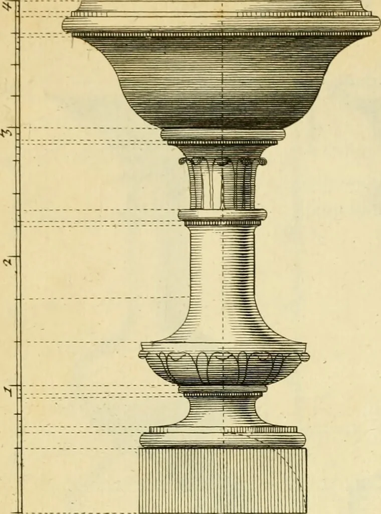 An illustration from The city and country builder's and workman's treasury of designs : or, The art of drawing and working the ornamental parts of architecture. Illustrated by upwards of four hundred grand designs, neatly engraved one hundred and eighty-fix Copper plates, for piers, gates, doors, windowns, niches, buffets, cisterns, chimney pieces, tabernacle frames, pavements, frets, gulochi's, pulpits, types, altar pieces, monuments, fonts, obelisques, pedestals, for sun-dials, busto's and stone tables, book-cafes, cielings and iron works ; proprortioned by Aliquot Pars ; with an appendix of fourteen plates of strusses for girders and beams, different sorts of rafters, and a variety of roofs, &c ; to which are prefix'd the five orders of columns, according to Andrea Palladio ; whose members are apportioned by Aliquot Pars, in a more easy manner, than has yet been done ; the whole interspersed with sure rules for working all the varieties of raking members in pediments, modilions, &c. the like, for the immediate use of workmen, never published before in any language, 1741, leaf 324