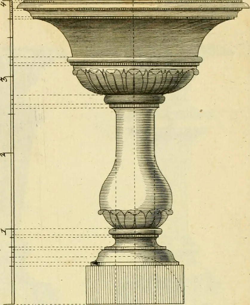 An illustration from The city and country builder's and workman's treasury of designs : or, The art of drawing and working the ornamental parts of architecture. Illustrated by upwards of four hundred grand designs, neatly engraved one hundred and eighty-fix Copper plates, for piers, gates, doors, windowns, niches, buffets, cisterns, chimney pieces, tabernacle frames, pavements, frets, gulochi's, pulpits, types, altar pieces, monuments, fonts, obelisques, pedestals, for sun-dials, busto's and stone tables, book-cafes, cielings and iron works ; proprortioned by Aliquot Pars ; with an appendix of fourteen plates of strusses for girders and beams, different sorts of rafters, and a variety of roofs, &c ; to which are prefix'd the five orders of columns, according to Andrea Palladio ; whose members are apportioned by Aliquot Pars, in a more easy manner, than has yet been done ; the whole interspersed with sure rules for working all the varieties of raking members in pediments, modilions, &c. the like, for the immediate use of workmen, never published before in any language, 1741, leaf 324