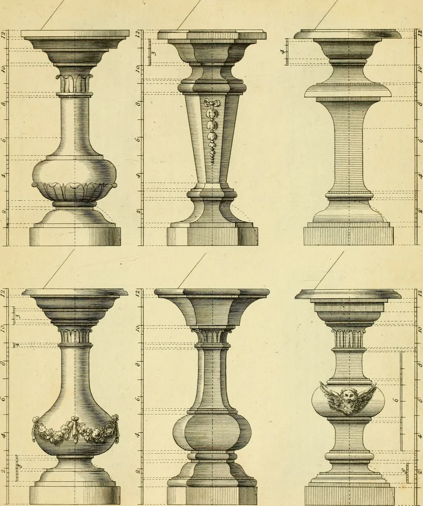 An illustration from The city and country builder's and workman's treasury of designs : or, The art of drawing and working the ornamental parts of architecture. Illustrated by upwards of four hundred grand designs, neatly engraved one hundred and eighty-fix Copper plates, for piers, gates, doors, windowns, niches, buffets, cisterns, chimney pieces, tabernacle frames, pavements, frets, gulochi's, pulpits, types, altar pieces, monuments, fonts, obelisques, pedestals, for sun-dials, busto's and stone tables, book-cafes, cielings and iron works ; proprortioned by Aliquot Pars ; with an appendix of fourteen plates of strusses for girders and beams, different sorts of rafters, and a variety of roofs, &c ; to which are prefix'd the five orders of columns, according to Andrea Palladio ; whose members are apportioned by Aliquot Pars, in a more easy manner, than has yet been done ; the whole interspersed with sure rules for working all the varieties of raking members in pediments, modilions, &c. the like, for the immediate use of workmen, never published before in any language, 1741, leaf 326