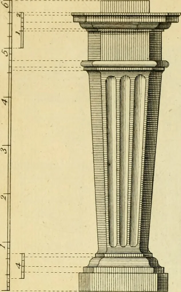An illustration from The city and country builder's and workman's treasury of designs : or, The art of drawing and working the ornamental parts of architecture. Illustrated by upwards of four hundred grand designs, neatly engraved one hundred and eighty-fix Copper plates, for piers, gates, doors, windowns, niches, buffets, cisterns, chimney pieces, tabernacle frames, pavements, frets, gulochi's, pulpits, types, altar pieces, monuments, fonts, obelisques, pedestals, for sun-dials, busto's and stone tables, book-cafes, cielings and iron works ; proprortioned by Aliquot Pars ; with an appendix of fourteen plates of strusses for girders and beams, different sorts of rafters, and a variety of roofs, &c ; to which are prefix'd the five orders of columns, according to Andrea Palladio ; whose members are apportioned by Aliquot Pars, in a more easy manner, than has yet been done ; the whole interspersed with sure rules for working all the varieties of raking members in pediments, modilions, &c. the like, for the immediate use of workmen, never published before in any language, 1741, leaf 328