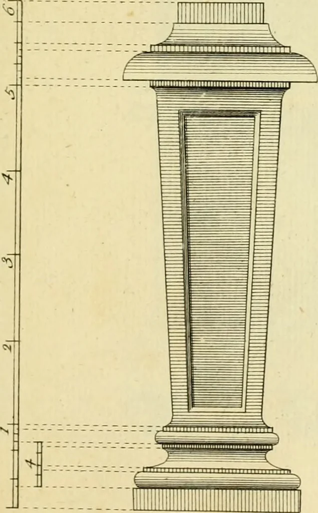 An illustration from The city and country builder's and workman's treasury of designs : or, The art of drawing and working the ornamental parts of architecture. Illustrated by upwards of four hundred grand designs, neatly engraved one hundred and eighty-fix Copper plates, for piers, gates, doors, windowns, niches, buffets, cisterns, chimney pieces, tabernacle frames, pavements, frets, gulochi's, pulpits, types, altar pieces, monuments, fonts, obelisques, pedestals, for sun-dials, busto's and stone tables, book-cafes, cielings and iron works ; proprortioned by Aliquot Pars ; with an appendix of fourteen plates of strusses for girders and beams, different sorts of rafters, and a variety of roofs, &c ; to which are prefix'd the five orders of columns, according to Andrea Palladio ; whose members are apportioned by Aliquot Pars, in a more easy manner, than has yet been done ; the whole interspersed with sure rules for working all the varieties of raking members in pediments, modilions, &c. the like, for the immediate use of workmen, never published before in any language, 1741, leaf 328