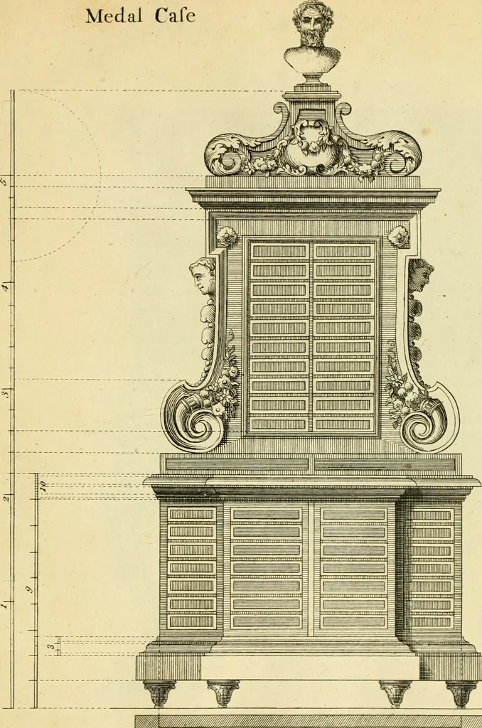 An illustration from The city and country builder's and workman's treasury of designs : or, The art of drawing and working the ornamental parts of architecture. Illustrated by upwards of four hundred grand designs, neatly engraved one hundred and eighty-fix Copper plates, for piers, gates, doors, windowns, niches, buffets, cisterns, chimney pieces, tabernacle frames, pavements, frets, gulochi's, pulpits, types, altar pieces, monuments, fonts, obelisques, pedestals, for sun-dials, busto's and stone tables, book-cafes, cielings and iron works ; proprortioned by Aliquot Pars ; with an appendix of fourteen plates of strusses for girders and beams, different sorts of rafters, and a variety of roofs, &c ; to which are prefix'd the five orders of columns, according to Andrea Palladio ; whose members are apportioned by Aliquot Pars, in a more easy manner, than has yet been done ; the whole interspersed with sure rules for working all the varieties of raking members in pediments, modilions, &c. the like, for the immediate use of workmen, never published before in any language, 1741, leaf 332