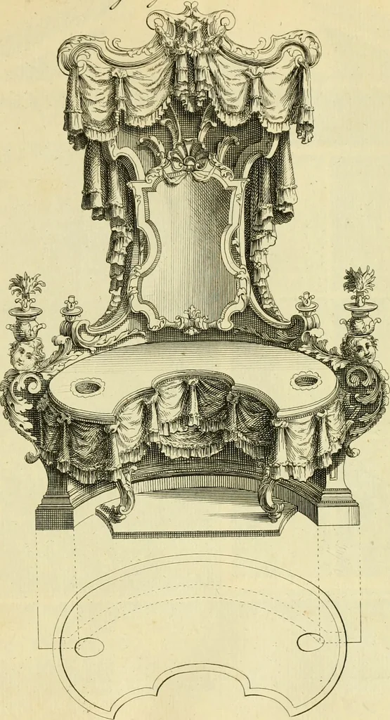 An illustration from The city and country builder's and workman's treasury of designs : or, The art of drawing and working the ornamental parts of architecture. Illustrated by upwards of four hundred grand designs, neatly engraved one hundred and eighty-fix Copper plates, for piers, gates, doors, windowns, niches, buffets, cisterns, chimney pieces, tabernacle frames, pavements, frets, gulochi's, pulpits, types, altar pieces, monuments, fonts, obelisques, pedestals, for sun-dials, busto's and stone tables, book-cafes, cielings and iron works ; proprortioned by Aliquot Pars ; with an appendix of fourteen plates of strusses for girders and beams, different sorts of rafters, and a variety of roofs, &c ; to which are prefix'd the five orders of columns, according to Andrea Palladio ; whose members are apportioned by Aliquot Pars, in a more easy manner, than has yet been done ; the whole interspersed with sure rules for working all the varieties of raking members in pediments, modilions, &c. the like, for the immediate use of workmen, never published before in any language, 1741, leaf 336