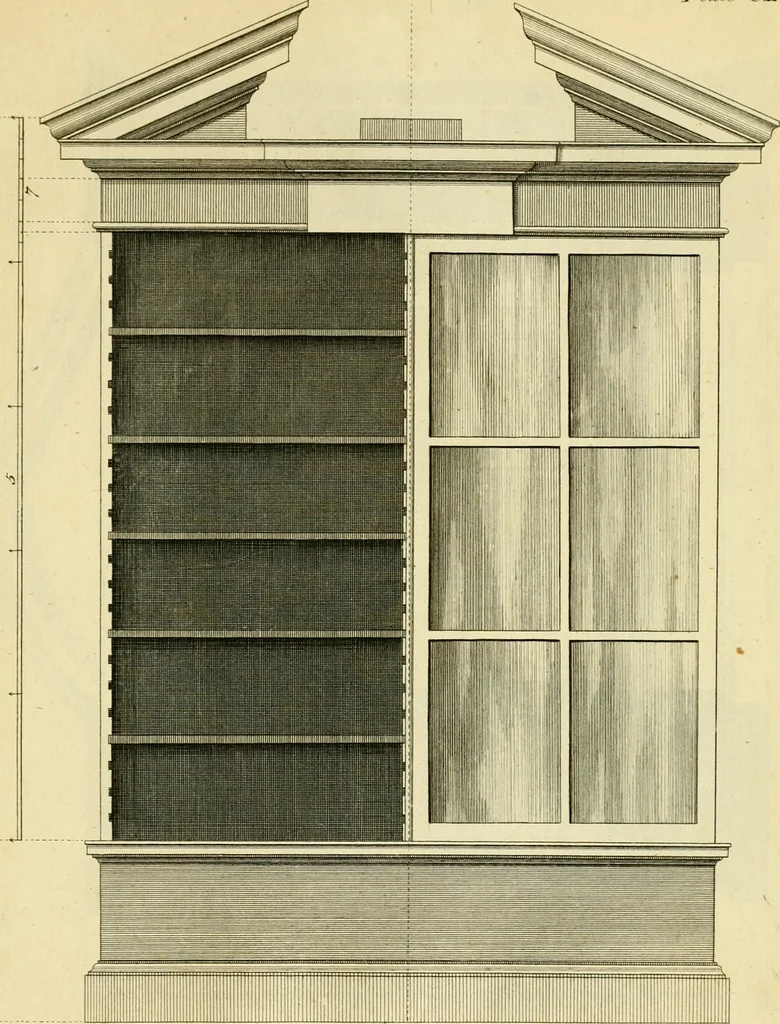 An illustration from The city and country builder's and workman's treasury of designs : or, The art of drawing and working the ornamental parts of architecture. Illustrated by upwards of four hundred grand designs, neatly engraved one hundred and eighty-fix Copper plates, for piers, gates, doors, windowns, niches, buffets, cisterns, chimney pieces, tabernacle frames, pavements, frets, gulochi's, pulpits, types, altar pieces, monuments, fonts, obelisques, pedestals, for sun-dials, busto's and stone tables, book-cafes, cielings and iron works ; proprortioned by Aliquot Pars ; with an appendix of fourteen plates of strusses for girders and beams, different sorts of rafters, and a variety of roofs, &c ; to which are prefix'd the five orders of columns, according to Andrea Palladio ; whose members are apportioned by Aliquot Pars, in a more easy manner, than has yet been done ; the whole interspersed with sure rules for working all the varieties of raking members in pediments, modilions, &c. the like, for the immediate use of workmen, never published before in any language, 1741, leaf 338