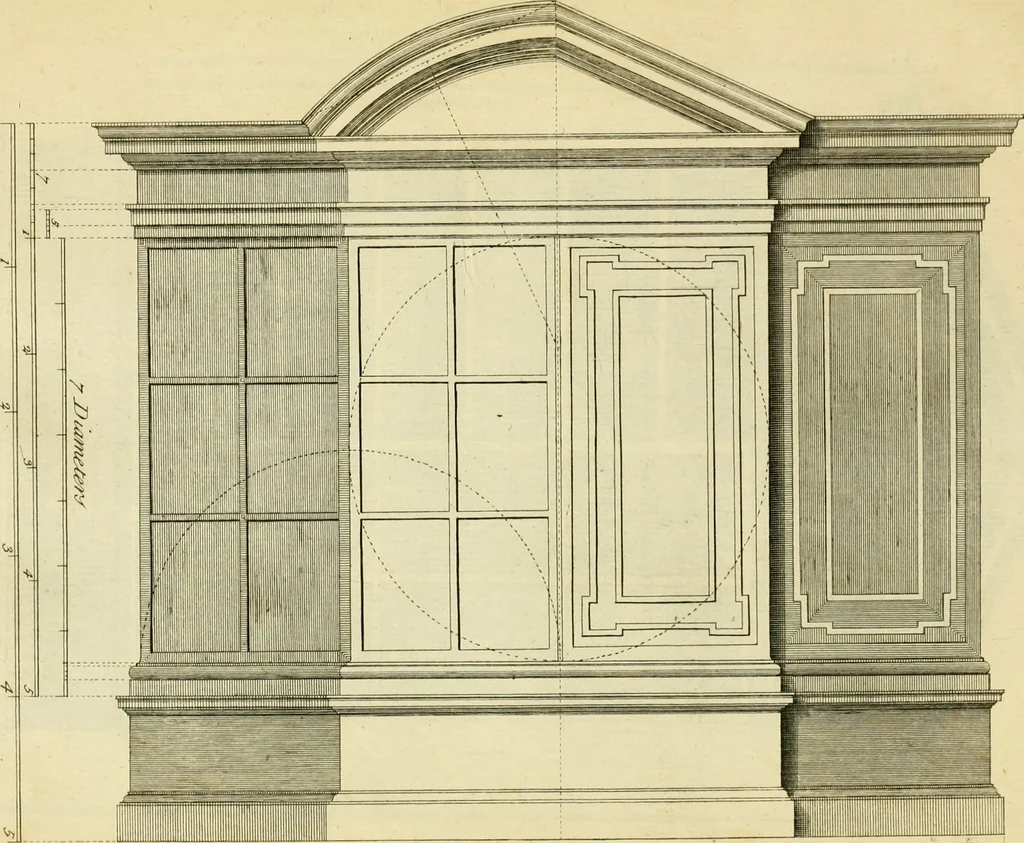 An illustration from The city and country builder's and workman's treasury of designs : or, The art of drawing and working the ornamental parts of architecture. Illustrated by upwards of four hundred grand designs, neatly engraved one hundred and eighty-fix Copper plates, for piers, gates, doors, windowns, niches, buffets, cisterns, chimney pieces, tabernacle frames, pavements, frets, gulochi's, pulpits, types, altar pieces, monuments, fonts, obelisques, pedestals, for sun-dials, busto's and stone tables, book-cafes, cielings and iron works ; proprortioned by Aliquot Pars ; with an appendix of fourteen plates of strusses for girders and beams, different sorts of rafters, and a variety of roofs, &c ; to which are prefix'd the five orders of columns, according to Andrea Palladio ; whose members are apportioned by Aliquot Pars, in a more easy manner, than has yet been done ; the whole interspersed with sure rules for working all the varieties of raking members in pediments, modilions, &c. the like, for the immediate use of workmen, never published before in any language, 1741, leaf 340