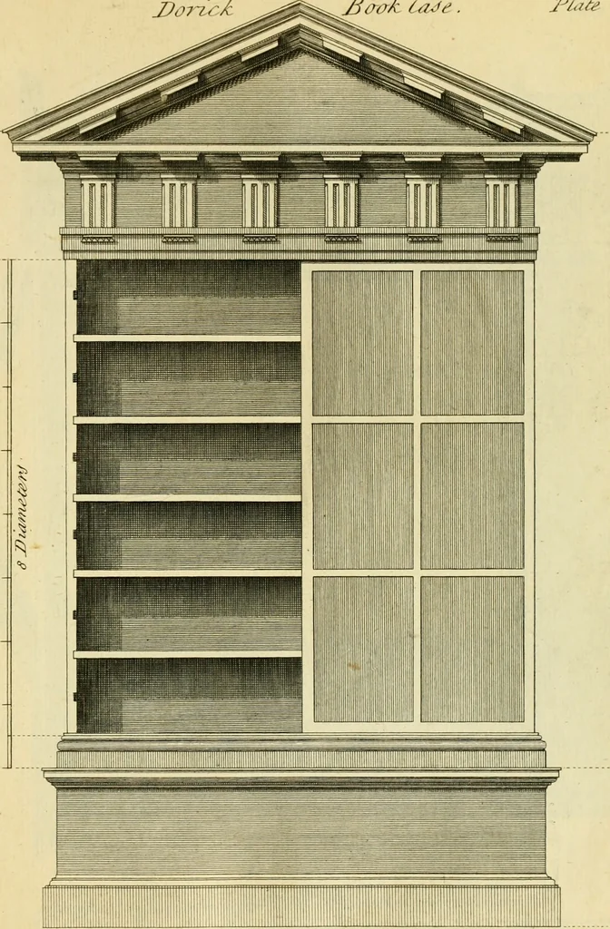 An illustration from The city and country builder's and workman's treasury of designs : or, The art of drawing and working the ornamental parts of architecture. Illustrated by upwards of four hundred grand designs, neatly engraved one hundred and eighty-fix Copper plates, for piers, gates, doors, windowns, niches, buffets, cisterns, chimney pieces, tabernacle frames, pavements, frets, gulochi's, pulpits, types, altar pieces, monuments, fonts, obelisques, pedestals, for sun-dials, busto's and stone tables, book-cafes, cielings and iron works ; proprortioned by Aliquot Pars ; with an appendix of fourteen plates of strusses for girders and beams, different sorts of rafters, and a variety of roofs, &c ; to which are prefix'd the five orders of columns, according to Andrea Palladio ; whose members are apportioned by Aliquot Pars, in a more easy manner, than has yet been done ; the whole interspersed with sure rules for working all the varieties of raking members in pediments, modilions, &c. the like, for the immediate use of workmen, never published before in any language, 1741, leaf 342