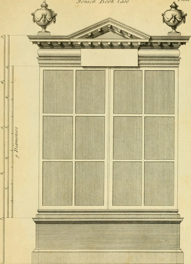 An illustration from The city and country builder's and workman's treasury of designs : or, The art of drawing and working the ornamental parts of architecture. Illustrated by upwards of four hundred grand designs, neatly engraved one hundred and eighty-fix Copper plates, for piers, gates, doors, windowns, niches, buffets, cisterns, chimney pieces, tabernacle frames, pavements, frets, gulochi's, pulpits, types, altar pieces, monuments, fonts, obelisques, pedestals, for sun-dials, busto's and stone tables, book-cafes, cielings and iron works ; proprortioned by Aliquot Pars ; with an appendix of fourteen plates of strusses for girders and beams, different sorts of rafters, and a variety of roofs, &c ; to which are prefix'd the five orders of columns, according to Andrea Palladio ; whose members are apportioned by Aliquot Pars, in a more easy manner, than has yet been done ; the whole interspersed with sure rules for working all the varieties of raking members in pediments, modilions, &c. the like, for the immediate use of workmen, never published before in any language, 1741, leaf 346