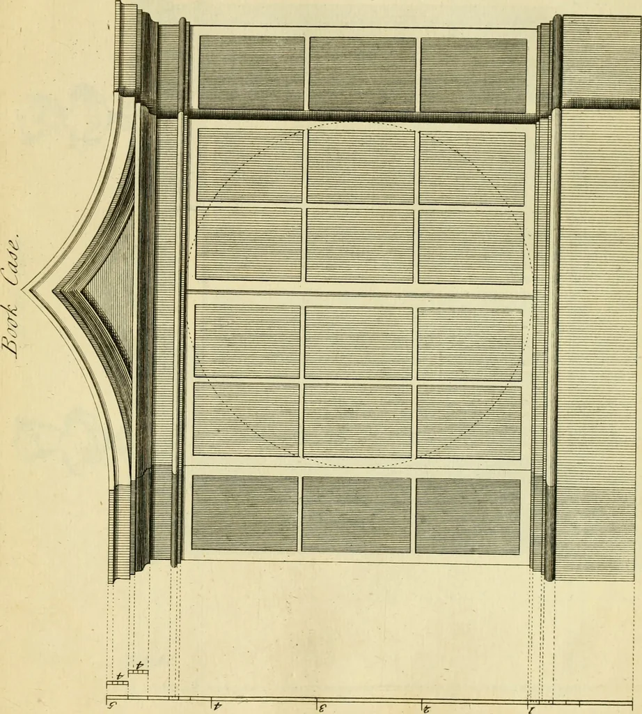 An illustration from The city and country builder's and workman's treasury of designs : or, The art of drawing and working the ornamental parts of architecture. Illustrated by upwards of four hundred grand designs, neatly engraved one hundred and eighty-fix Copper plates, for piers, gates, doors, windowns, niches, buffets, cisterns, chimney pieces, tabernacle frames, pavements, frets, gulochi's, pulpits, types, altar pieces, monuments, fonts, obelisques, pedestals, for sun-dials, busto's and stone tables, book-cafes, cielings and iron works ; proprortioned by Aliquot Pars ; with an appendix of fourteen plates of strusses for girders and beams, different sorts of rafters, and a variety of roofs, &c ; to which are prefix'd the five orders of columns, according to Andrea Palladio ; whose members are apportioned by Aliquot Pars, in a more easy manner, than has yet been done ; the whole interspersed with sure rules for working all the varieties of raking members in pediments, modilions, &c. the like, for the immediate use of workmen, never published before in any language, 1741, leaf 350