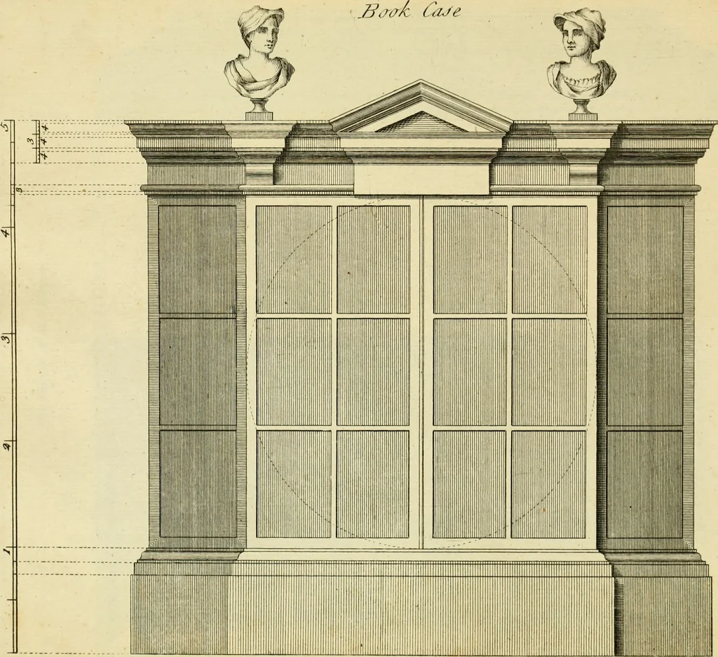 An illustration from The city and country builder's and workman's treasury of designs : or, The art of drawing and working the ornamental parts of architecture. Illustrated by upwards of four hundred grand designs, neatly engraved one hundred and eighty-fix Copper plates, for piers, gates, doors, windowns, niches, buffets, cisterns, chimney pieces, tabernacle frames, pavements, frets, gulochi's, pulpits, types, altar pieces, monuments, fonts, obelisques, pedestals, for sun-dials, busto's and stone tables, book-cafes, cielings and iron works ; proprortioned by Aliquot Pars ; with an appendix of fourteen plates of strusses for girders and beams, different sorts of rafters, and a variety of roofs, &c ; to which are prefix'd the five orders of columns, according to Andrea Palladio ; whose members are apportioned by Aliquot Pars, in a more easy manner, than has yet been done ; the whole interspersed with sure rules for working all the varieties of raking members in pediments, modilions, &c. the like, for the immediate use of workmen, never published before in any language, 1741, leaf 352