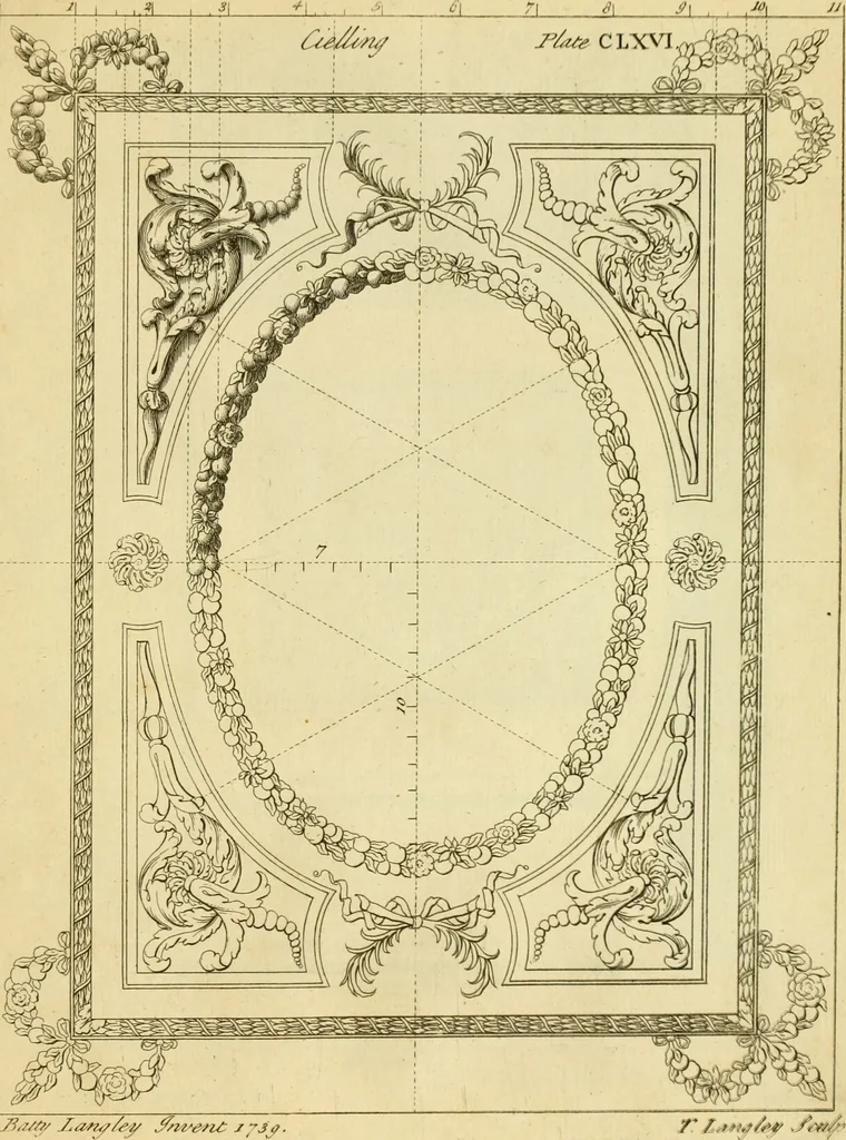 An illustration from The city and country builder's and workman's treasury of designs : or, The art of drawing and working the ornamental parts of architecture. Illustrated by upwards of four hundred grand designs, neatly engraved one hundred and eighty-fix Copper plates, for piers, gates, doors, windowns, niches, buffets, cisterns, chimney pieces, tabernacle frames, pavements, frets, gulochi's, pulpits, types, altar pieces, monuments, fonts, obelisques, pedestals, for sun-dials, busto's and stone tables, book-cafes, cielings and iron works ; proprortioned by Aliquot Pars ; with an appendix of fourteen plates of strusses for girders and beams, different sorts of rafters, and a variety of roofs, &c ; to which are prefix'd the five orders of columns, according to Andrea Palladio ; whose members are apportioned by Aliquot Pars, in a more easy manner, than has yet been done ; the whole interspersed with sure rules for working all the varieties of raking members in pediments, modilions, &c. the like, for the immediate use of workmen, never published before in any language, 1741, leaf 356
