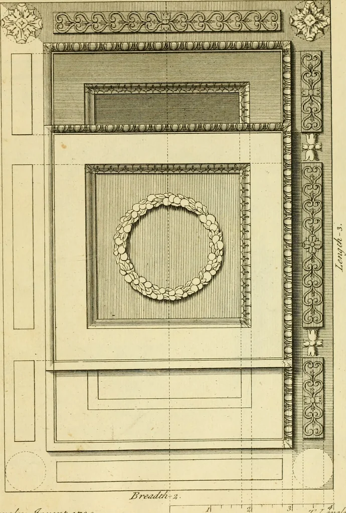 An illustration from The city and country builder's and workman's treasury of designs : or, The art of drawing and working the ornamental parts of architecture. Illustrated by upwards of four hundred grand designs, neatly engraved one hundred and eighty-fix Copper plates, for piers, gates, doors, windowns, niches, buffets, cisterns, chimney pieces, tabernacle frames, pavements, frets, gulochi's, pulpits, types, altar pieces, monuments, fonts, obelisques, pedestals, for sun-dials, busto's and stone tables, book-cafes, cielings and iron works ; proprortioned by Aliquot Pars ; with an appendix of fourteen plates of strusses for girders and beams, different sorts of rafters, and a variety of roofs, &c ; to which are prefix'd the five orders of columns, according to Andrea Palladio ; whose members are apportioned by Aliquot Pars, in a more easy manner, than has yet been done ; the whole interspersed with sure rules for working all the varieties of raking members in pediments, modilions, &c. the like, for the immediate use of workmen, never published before in any language, 1741, leaf 358