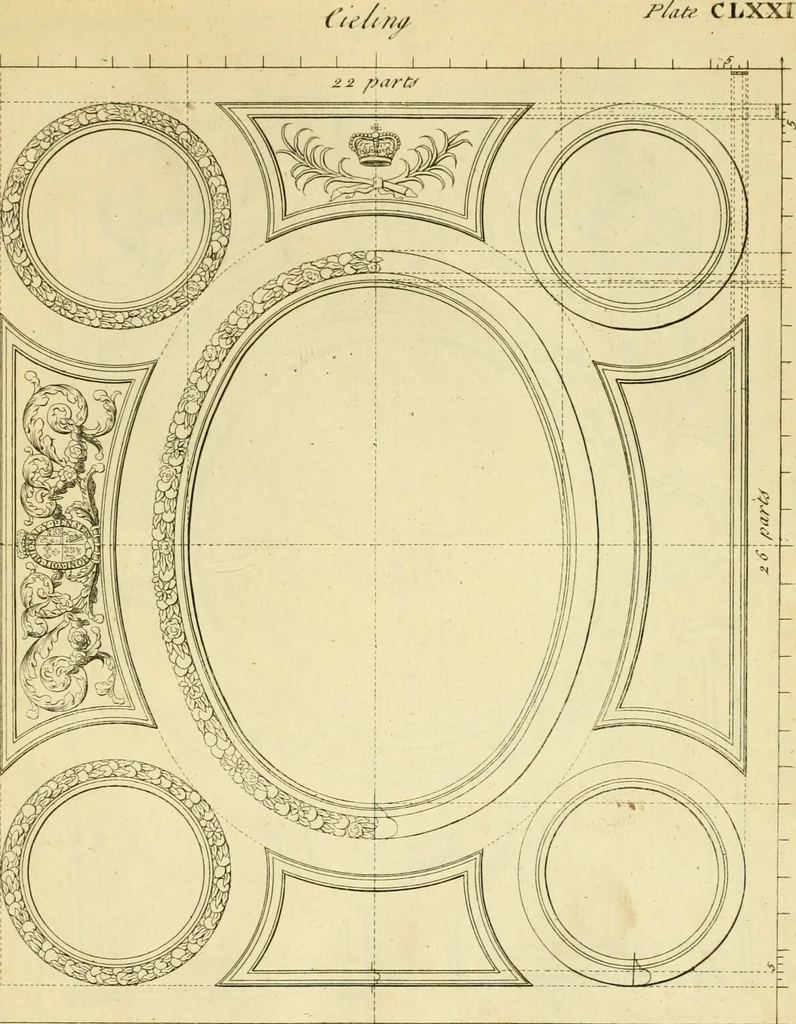 An illustration from The city and country builder's and workman's treasury of designs : or, The art of drawing and working the ornamental parts of architecture. Illustrated by upwards of four hundred grand designs, neatly engraved one hundred and eighty-fix Copper plates, for piers, gates, doors, windowns, niches, buffets, cisterns, chimney pieces, tabernacle frames, pavements, frets, gulochi's, pulpits, types, altar pieces, monuments, fonts, obelisques, pedestals, for sun-dials, busto's and stone tables, book-cafes, cielings and iron works ; proprortioned by Aliquot Pars ; with an appendix of fourteen plates of strusses for girders and beams, different sorts of rafters, and a variety of roofs, &c ; to which are prefix'd the five orders of columns, according to Andrea Palladio ; whose members are apportioned by Aliquot Pars, in a more easy manner, than has yet been done ; the whole interspersed with sure rules for working all the varieties of raking members in pediments, modilions, &c. the like, for the immediate use of workmen, never published before in any language, 1741, leaf 366