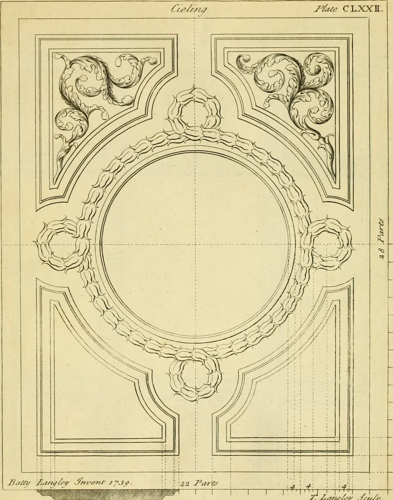 An illustration from The city and country builder's and workman's treasury of designs : or, The art of drawing and working the ornamental parts of architecture. Illustrated by upwards of four hundred grand designs, neatly engraved one hundred and eighty-fix Copper plates, for piers, gates, doors, windowns, niches, buffets, cisterns, chimney pieces, tabernacle frames, pavements, frets, gulochi's, pulpits, types, altar pieces, monuments, fonts, obelisques, pedestals, for sun-dials, busto's and stone tables, book-cafes, cielings and iron works ; proprortioned by Aliquot Pars ; with an appendix of fourteen plates of strusses for girders and beams, different sorts of rafters, and a variety of roofs, &c ; to which are prefix'd the five orders of columns, according to Andrea Palladio ; whose members are apportioned by Aliquot Pars, in a more easy manner, than has yet been done ; the whole interspersed with sure rules for working all the varieties of raking members in pediments, modilions, &c. the like, for the immediate use of workmen, never published before in any language, 1741, leaf 368