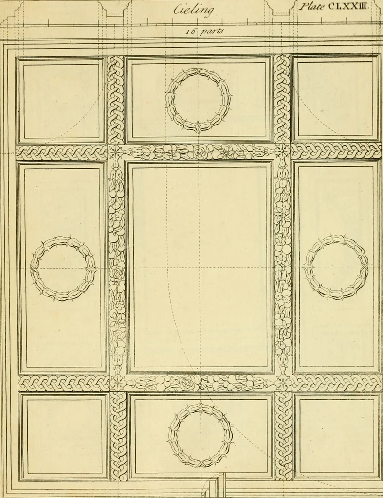 An illustration from The city and country builder's and workman's treasury of designs : or, The art of drawing and working the ornamental parts of architecture. Illustrated by upwards of four hundred grand designs, neatly engraved one hundred and eighty-fix Copper plates, for piers, gates, doors, windowns, niches, buffets, cisterns, chimney pieces, tabernacle frames, pavements, frets, gulochi's, pulpits, types, altar pieces, monuments, fonts, obelisques, pedestals, for sun-dials, busto's and stone tables, book-cafes, cielings and iron works ; proprortioned by Aliquot Pars ; with an appendix of fourteen plates of strusses for girders and beams, different sorts of rafters, and a variety of roofs, &c ; to which are prefix'd the five orders of columns, according to Andrea Palladio ; whose members are apportioned by Aliquot Pars, in a more easy manner, than has yet been done ; the whole interspersed with sure rules for working all the varieties of raking members in pediments, modilions, &c. the like, for the immediate use of workmen, never published before in any language, 1741, leaf 370