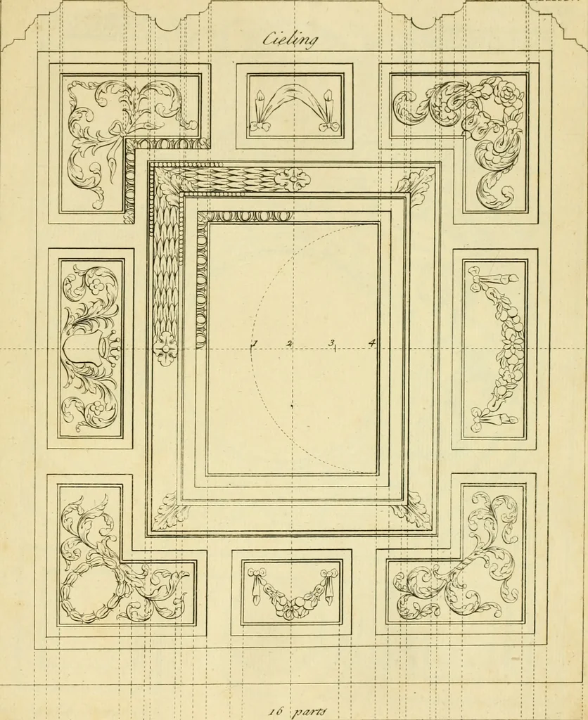 An illustration from The city and country builder's and workman's treasury of designs : or, The art of drawing and working the ornamental parts of architecture. Illustrated by upwards of four hundred grand designs, neatly engraved one hundred and eighty-fix Copper plates, for piers, gates, doors, windowns, niches, buffets, cisterns, chimney pieces, tabernacle frames, pavements, frets, gulochi's, pulpits, types, altar pieces, monuments, fonts, obelisques, pedestals, for sun-dials, busto's and stone tables, book-cafes, cielings and iron works ; proprortioned by Aliquot Pars ; with an appendix of fourteen plates of strusses for girders and beams, different sorts of rafters, and a variety of roofs, &c ; to which are prefix'd the five orders of columns, according to Andrea Palladio ; whose members are apportioned by Aliquot Pars, in a more easy manner, than has yet been done ; the whole interspersed with sure rules for working all the varieties of raking members in pediments, modilions, &c. the like, for the immediate use of workmen, never published before in any language, 1741, leaf 372