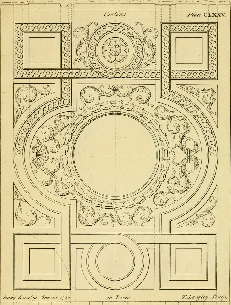 An illustration from The city and country builder's and workman's treasury of designs : or, The art of drawing and working the ornamental parts of architecture. Illustrated by upwards of four hundred grand designs, neatly engraved one hundred and eighty-fix Copper plates, for piers, gates, doors, windowns, niches, buffets, cisterns, chimney pieces, tabernacle frames, pavements, frets, gulochi's, pulpits, types, altar pieces, monuments, fonts, obelisques, pedestals, for sun-dials, busto's and stone tables, book-cafes, cielings and iron works ; proprortioned by Aliquot Pars ; with an appendix of fourteen plates of strusses for girders and beams, different sorts of rafters, and a variety of roofs, &c ; to which are prefix'd the five orders of columns, according to Andrea Palladio ; whose members are apportioned by Aliquot Pars, in a more easy manner, than has yet been done ; the whole interspersed with sure rules for working all the varieties of raking members in pediments, modilions, &c. the like, for the immediate use of workmen, never published before in any language, 1741, leaf 374