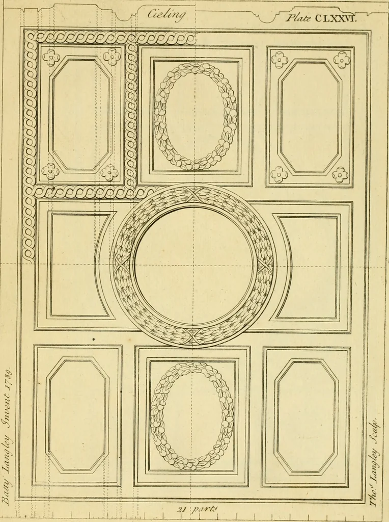 An illustration from The city and country builder's and workman's treasury of designs : or, The art of drawing and working the ornamental parts of architecture. Illustrated by upwards of four hundred grand designs, neatly engraved one hundred and eighty-fix Copper plates, for piers, gates, doors, windowns, niches, buffets, cisterns, chimney pieces, tabernacle frames, pavements, frets, gulochi's, pulpits, types, altar pieces, monuments, fonts, obelisques, pedestals, for sun-dials, busto's and stone tables, book-cafes, cielings and iron works ; proprortioned by Aliquot Pars ; with an appendix of fourteen plates of strusses for girders and beams, different sorts of rafters, and a variety of roofs, &c ; to which are prefix'd the five orders of columns, according to Andrea Palladio ; whose members are apportioned by Aliquot Pars, in a more easy manner, than has yet been done ; the whole interspersed with sure rules for working all the varieties of raking members in pediments, modilions, &c. the like, for the immediate use of workmen, never published before in any language, 1741, leaf 376