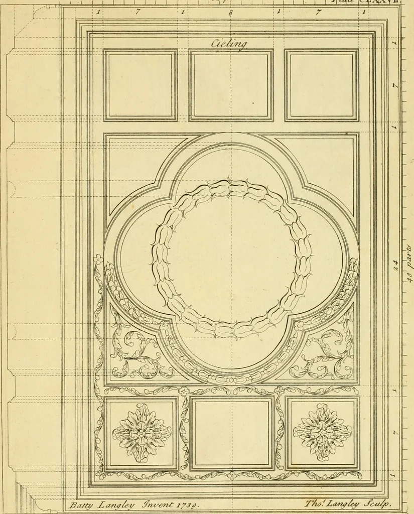 An illustration from The city and country builder's and workman's treasury of designs : or, The art of drawing and working the ornamental parts of architecture. Illustrated by upwards of four hundred grand designs, neatly engraved one hundred and eighty-fix Copper plates, for piers, gates, doors, windowns, niches, buffets, cisterns, chimney pieces, tabernacle frames, pavements, frets, gulochi's, pulpits, types, altar pieces, monuments, fonts, obelisques, pedestals, for sun-dials, busto's and stone tables, book-cafes, cielings and iron works ; proprortioned by Aliquot Pars ; with an appendix of fourteen plates of strusses for girders and beams, different sorts of rafters, and a variety of roofs, &c ; to which are prefix'd the five orders of columns, according to Andrea Palladio ; whose members are apportioned by Aliquot Pars, in a more easy manner, than has yet been done ; the whole interspersed with sure rules for working all the varieties of raking members in pediments, modilions, &c. the like, for the immediate use of workmen, never published before in any language, 1741, leaf 378