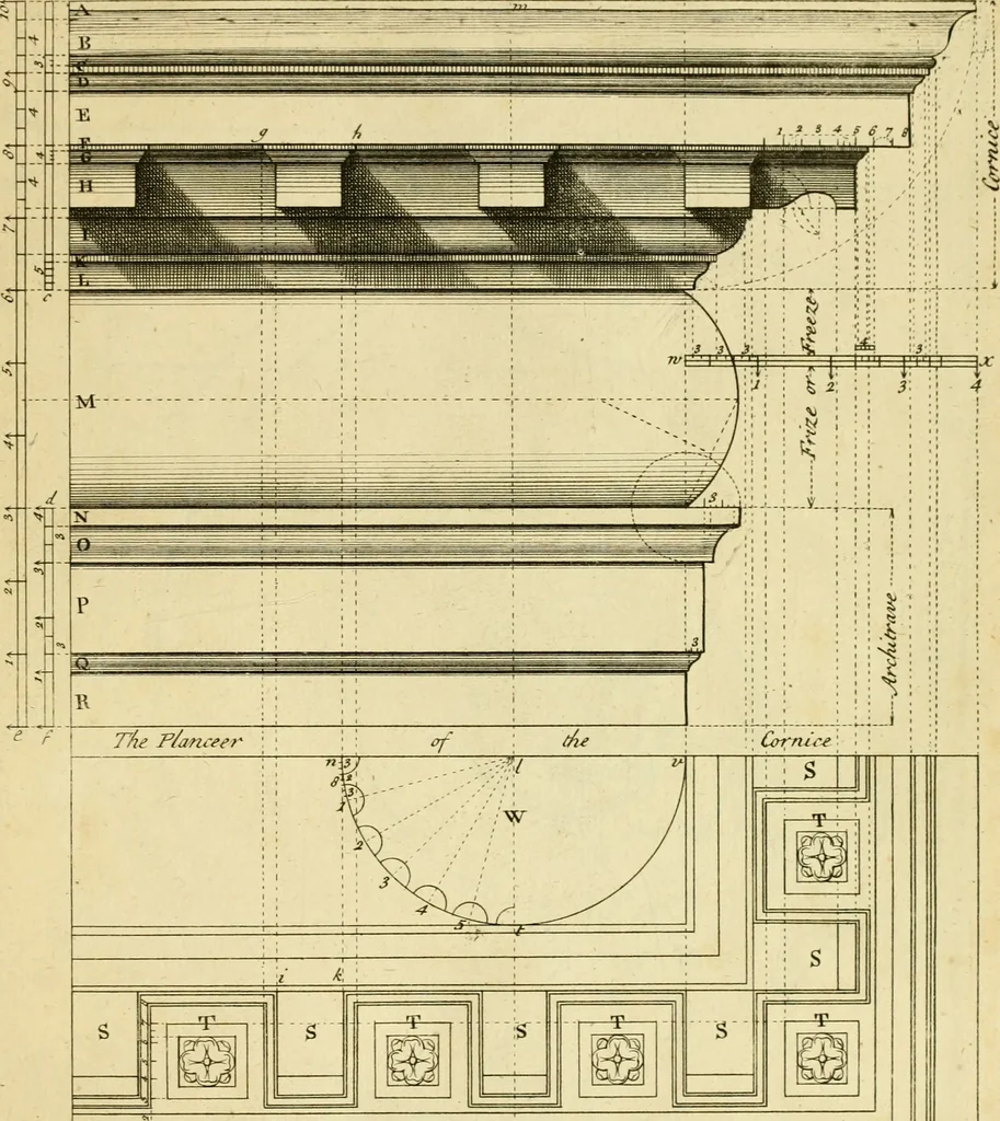 An illustration from The city and country builder's and workman's treasury of designs : or, The art of drawing and working the ornamental parts of architecture. Illustrated by upwards of four hundred grand designs, neatly engraved one hundred and eighty-fix Copper plates, for piers, gates, doors, windowns, niches, buffets, cisterns, chimney pieces, tabernacle frames, pavements, frets, gulochi's, pulpits, types, altar pieces, monuments, fonts, obelisques, pedestals, for sun-dials, busto's and stone tables, book-cafes, cielings and iron works ; proprortioned by Aliquot Pars ; with an appendix of fourteen plates of strusses for girders and beams, different sorts of rafters, and a variety of roofs, &c ; to which are prefix'd the five orders of columns, according to Andrea Palladio ; whose members are apportioned by Aliquot Pars, in a more easy manner, than has yet been done ; the whole interspersed with sure rules for working all the varieties of raking members in pediments, modilions, &c. the like, for the immediate use of workmen, never published before in any language, 1741, leaf 38