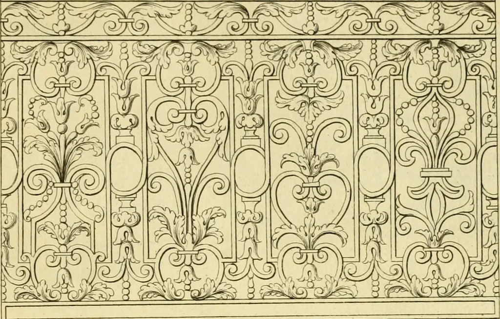 An illustration from The city and country builder's and workman's treasury of designs : or, The art of drawing and working the ornamental parts of architecture. Illustrated by upwards of four hundred grand designs, neatly engraved one hundred and eighty-fix Copper plates, for piers, gates, doors, windowns, niches, buffets, cisterns, chimney pieces, tabernacle frames, pavements, frets, gulochi's, pulpits, types, altar pieces, monuments, fonts, obelisques, pedestals, for sun-dials, busto's and stone tables, book-cafes, cielings and iron works ; proprortioned by Aliquot Pars ; with an appendix of fourteen plates of strusses for girders and beams, different sorts of rafters, and a variety of roofs, &c ; to which are prefix'd the five orders of columns, according to Andrea Palladio ; whose members are apportioned by Aliquot Pars, in a more easy manner, than has yet been done ; the whole interspersed with sure rules for working all the varieties of raking members in pediments, modilions, &c. the like, for the immediate use of workmen, never published before in any language, 1741, leaf 382