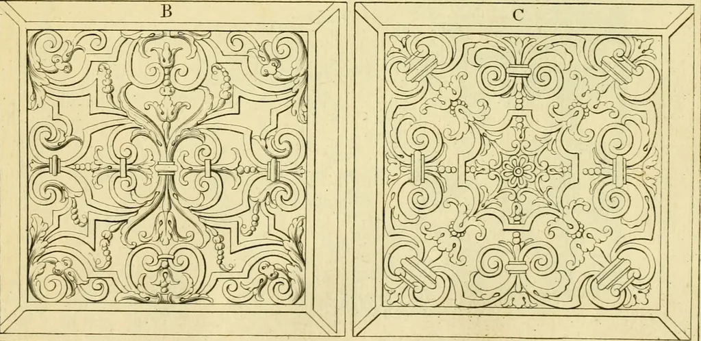An illustration from The city and country builder's and workman's treasury of designs : or, The art of drawing and working the ornamental parts of architecture. Illustrated by upwards of four hundred grand designs, neatly engraved one hundred and eighty-fix Copper plates, for piers, gates, doors, windowns, niches, buffets, cisterns, chimney pieces, tabernacle frames, pavements, frets, gulochi's, pulpits, types, altar pieces, monuments, fonts, obelisques, pedestals, for sun-dials, busto's and stone tables, book-cafes, cielings and iron works ; proprortioned by Aliquot Pars ; with an appendix of fourteen plates of strusses for girders and beams, different sorts of rafters, and a variety of roofs, &c ; to which are prefix'd the five orders of columns, according to Andrea Palladio ; whose members are apportioned by Aliquot Pars, in a more easy manner, than has yet been done ; the whole interspersed with sure rules for working all the varieties of raking members in pediments, modilions, &c. the like, for the immediate use of workmen, never published before in any language, 1741, leaf 382