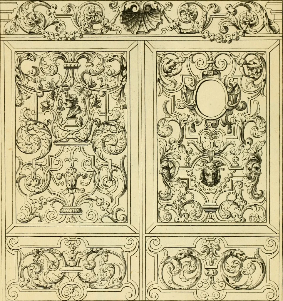 An illustration from The city and country builder's and workman's treasury of designs : or, The art of drawing and working the ornamental parts of architecture. Illustrated by upwards of four hundred grand designs, neatly engraved one hundred and eighty-fix Copper plates, for piers, gates, doors, windowns, niches, buffets, cisterns, chimney pieces, tabernacle frames, pavements, frets, gulochi's, pulpits, types, altar pieces, monuments, fonts, obelisques, pedestals, for sun-dials, busto's and stone tables, book-cafes, cielings and iron works ; proprortioned by Aliquot Pars ; with an appendix of fourteen plates of strusses for girders and beams, different sorts of rafters, and a variety of roofs, &c ; to which are prefix'd the five orders of columns, according to Andrea Palladio ; whose members are apportioned by Aliquot Pars, in a more easy manner, than has yet been done ; the whole interspersed with sure rules for working all the varieties of raking members in pediments, modilions, &c. the like, for the immediate use of workmen, never published before in any language, 1741, leaf 386