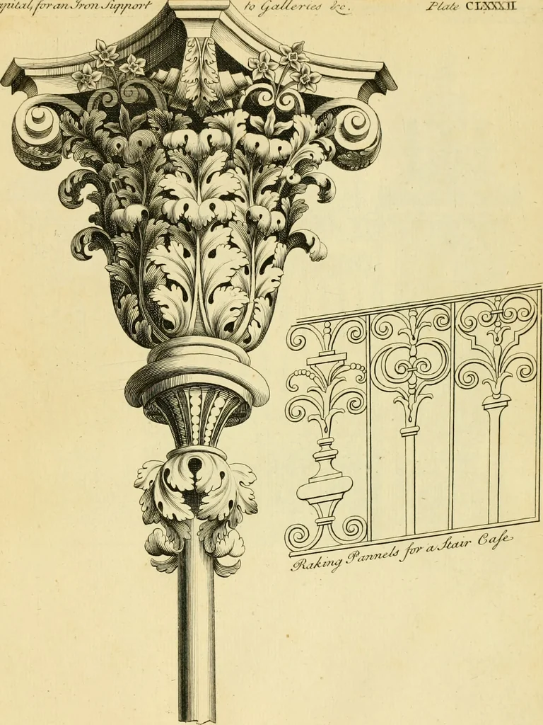 An illustration from The city and country builder's and workman's treasury of designs : or, The art of drawing and working the ornamental parts of architecture. Illustrated by upwards of four hundred grand designs, neatly engraved one hundred and eighty-fix Copper plates, for piers, gates, doors, windowns, niches, buffets, cisterns, chimney pieces, tabernacle frames, pavements, frets, gulochi's, pulpits, types, altar pieces, monuments, fonts, obelisques, pedestals, for sun-dials, busto's and stone tables, book-cafes, cielings and iron works ; proprortioned by Aliquot Pars ; with an appendix of fourteen plates of strusses for girders and beams, different sorts of rafters, and a variety of roofs, &c ; to which are prefix'd the five orders of columns, according to Andrea Palladio ; whose members are apportioned by Aliquot Pars, in a more easy manner, than has yet been done ; the whole interspersed with sure rules for working all the varieties of raking members in pediments, modilions, &c. the like, for the immediate use of workmen, never published before in any language, 1741, leaf 388