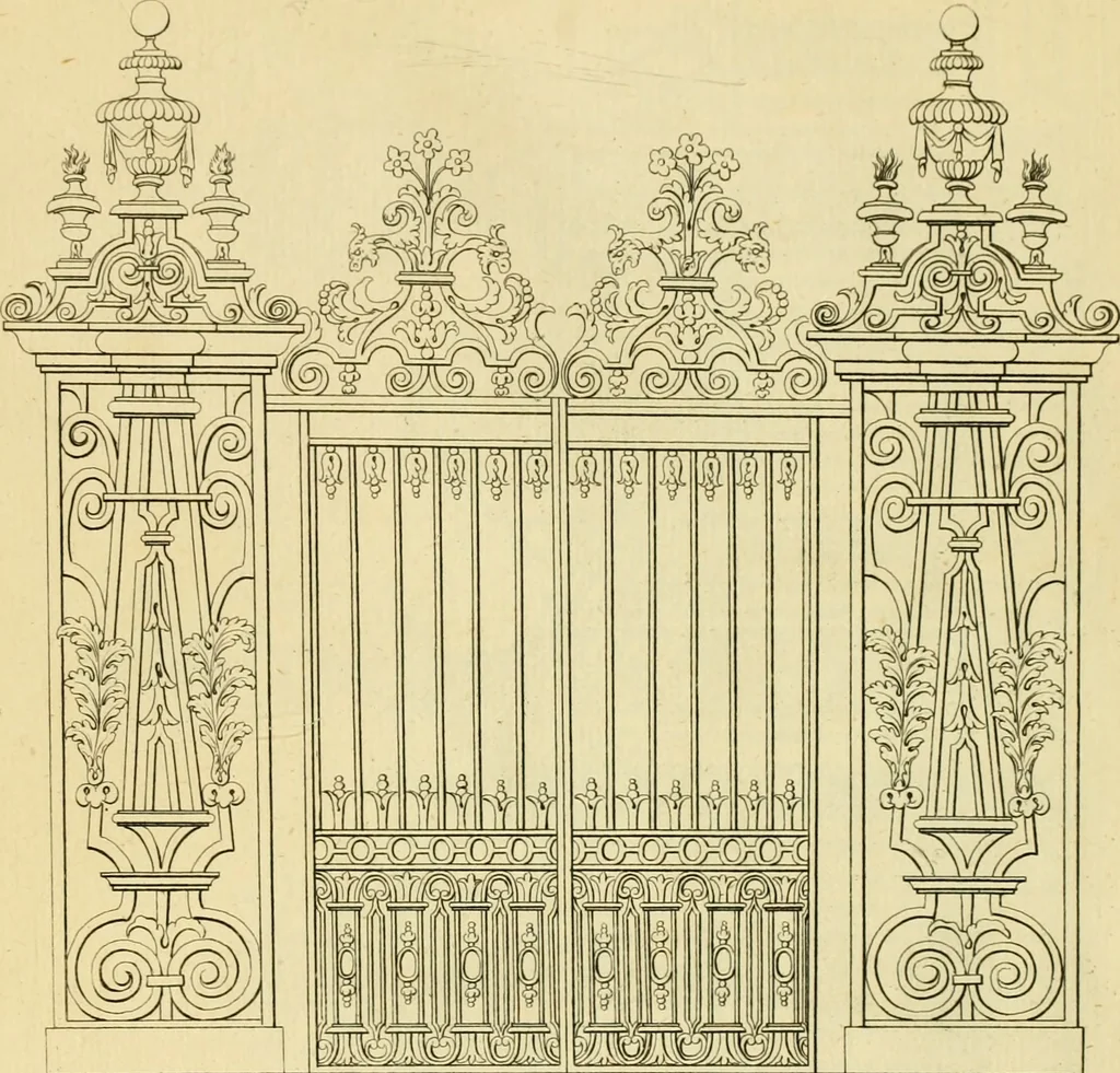 An illustration from The city and country builder's and workman's treasury of designs : or, The art of drawing and working the ornamental parts of architecture. Illustrated by upwards of four hundred grand designs, neatly engraved one hundred and eighty-fix Copper plates, for piers, gates, doors, windowns, niches, buffets, cisterns, chimney pieces, tabernacle frames, pavements, frets, gulochi's, pulpits, types, altar pieces, monuments, fonts, obelisques, pedestals, for sun-dials, busto's and stone tables, book-cafes, cielings and iron works ; proprortioned by Aliquot Pars ; with an appendix of fourteen plates of strusses for girders and beams, different sorts of rafters, and a variety of roofs, &c ; to which are prefix'd the five orders of columns, according to Andrea Palladio ; whose members are apportioned by Aliquot Pars, in a more easy manner, than has yet been done ; the whole interspersed with sure rules for working all the varieties of raking members in pediments, modilions, &c. the like, for the immediate use of workmen, never published before in any language, 1741, leaf 390