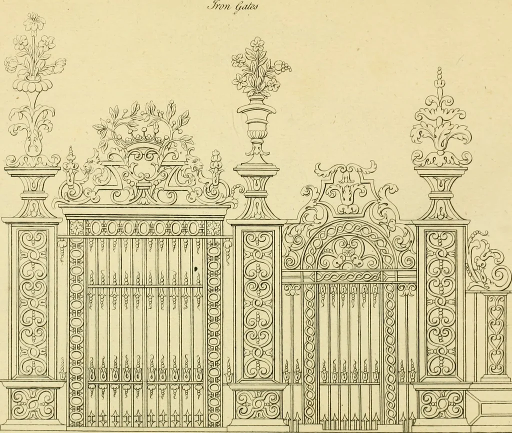 An illustration from The city and country builder's and workman's treasury of designs : or, The art of drawing and working the ornamental parts of architecture. Illustrated by upwards of four hundred grand designs, neatly engraved one hundred and eighty-fix Copper plates, for piers, gates, doors, windowns, niches, buffets, cisterns, chimney pieces, tabernacle frames, pavements, frets, gulochi's, pulpits, types, altar pieces, monuments, fonts, obelisques, pedestals, for sun-dials, busto's and stone tables, book-cafes, cielings and iron works ; proprortioned by Aliquot Pars ; with an appendix of fourteen plates of strusses for girders and beams, different sorts of rafters, and a variety of roofs, &c ; to which are prefix'd the five orders of columns, according to Andrea Palladio ; whose members are apportioned by Aliquot Pars, in a more easy manner, than has yet been done ; the whole interspersed with sure rules for working all the varieties of raking members in pediments, modilions, &c. the like, for the immediate use of workmen, never published before in any language, 1741, leaf 392