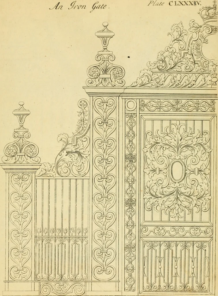 An illustration from The city and country builder's and workman's treasury of designs : or, The art of drawing and working the ornamental parts of architecture. Illustrated by upwards of four hundred grand designs, neatly engraved one hundred and eighty-fix Copper plates, for piers, gates, doors, windowns, niches, buffets, cisterns, chimney pieces, tabernacle frames, pavements, frets, gulochi's, pulpits, types, altar pieces, monuments, fonts, obelisques, pedestals, for sun-dials, busto's and stone tables, book-cafes, cielings and iron works ; proprortioned by Aliquot Pars ; with an appendix of fourteen plates of strusses for girders and beams, different sorts of rafters, and a variety of roofs, &c ; to which are prefix'd the five orders of columns, according to Andrea Palladio ; whose members are apportioned by Aliquot Pars, in a more easy manner, than has yet been done ; the whole interspersed with sure rules for working all the varieties of raking members in pediments, modilions, &c. the like, for the immediate use of workmen, never published before in any language, 1741, leaf 394