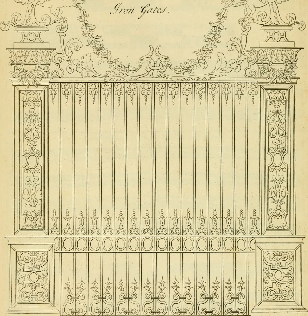 An illustration from The city and country builder's and workman's treasury of designs : or, The art of drawing and working the ornamental parts of architecture. Illustrated by upwards of four hundred grand designs, neatly engraved one hundred and eighty-fix Copper plates, for piers, gates, doors, windowns, niches, buffets, cisterns, chimney pieces, tabernacle frames, pavements, frets, gulochi's, pulpits, types, altar pieces, monuments, fonts, obelisques, pedestals, for sun-dials, busto's and stone tables, book-cafes, cielings and iron works ; proprortioned by Aliquot Pars ; with an appendix of fourteen plates of strusses for girders and beams, different sorts of rafters, and a variety of roofs, &c ; to which are prefix'd the five orders of columns, according to Andrea Palladio ; whose members are apportioned by Aliquot Pars, in a more easy manner, than has yet been done ; the whole interspersed with sure rules for working all the varieties of raking members in pediments, modilions, &c. the like, for the immediate use of workmen, never published before in any language, 1741, leaf 396