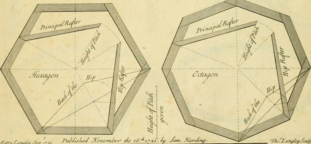 An illustration from The city and country builder's and workman's treasury of designs : or, The art of drawing and working the ornamental parts of architecture. Illustrated by upwards of four hundred grand designs, neatly engraved one hundred and eighty-fix Copper plates, for piers, gates, doors, windowns, niches, buffets, cisterns, chimney pieces, tabernacle frames, pavements, frets, gulochi's, pulpits, types, altar pieces, monuments, fonts, obelisques, pedestals, for sun-dials, busto's and stone tables, book-cafes, cielings and iron works ; proprortioned by Aliquot Pars ; with an appendix of fourteen plates of strusses for girders and beams, different sorts of rafters, and a variety of roofs, &c ; to which are prefix'd the five orders of columns, according to Andrea Palladio ; whose members are apportioned by Aliquot Pars, in a more easy manner, than has yet been done ; the whole interspersed with sure rules for working all the varieties of raking members in pediments, modilions, &c. the like, for the immediate use of workmen, never published before in any language, 1741, leaf 402