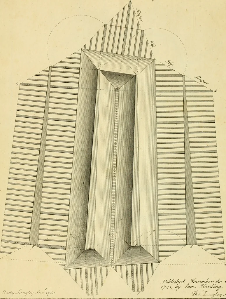 An illustration from The city and country builder's and workman's treasury of designs : or, The art of drawing and working the ornamental parts of architecture. Illustrated by upwards of four hundred grand designs, neatly engraved one hundred and eighty-fix Copper plates, for piers, gates, doors, windowns, niches, buffets, cisterns, chimney pieces, tabernacle frames, pavements, frets, gulochi's, pulpits, types, altar pieces, monuments, fonts, obelisques, pedestals, for sun-dials, busto's and stone tables, book-cafes, cielings and iron works ; proprortioned by Aliquot Pars ; with an appendix of fourteen plates of strusses for girders and beams, different sorts of rafters, and a variety of roofs, &c ; to which are prefix'd the five orders of columns, according to Andrea Palladio ; whose members are apportioned by Aliquot Pars, in a more easy manner, than has yet been done ; the whole interspersed with sure rules for working all the varieties of raking members in pediments, modilions, &c. the like, for the immediate use of workmen, never published before in any language, 1741, leaf 414