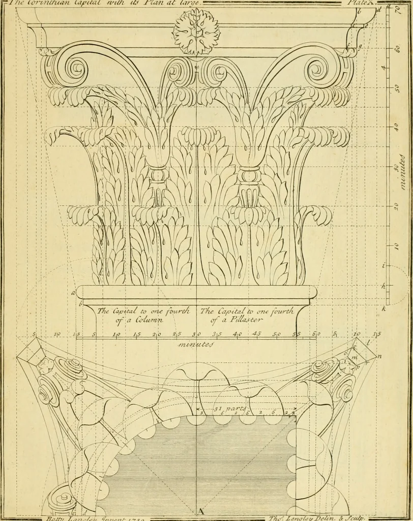 An illustration from The city and country builder's and workman's treasury of designs : or, The art of drawing and working the ornamental parts of architecture. Illustrated by upwards of four hundred grand designs, neatly engraved one hundred and eighty-fix Copper plates, for piers, gates, doors, windowns, niches, buffets, cisterns, chimney pieces, tabernacle frames, pavements, frets, gulochi's, pulpits, types, altar pieces, monuments, fonts, obelisques, pedestals, for sun-dials, busto's and stone tables, book-cafes, cielings and iron works ; proprortioned by Aliquot Pars ; with an appendix of fourteen plates of strusses for girders and beams, different sorts of rafters, and a variety of roofs, &c ; to which are prefix'd the five orders of columns, according to Andrea Palladio ; whose members are apportioned by Aliquot Pars, in a more easy manner, than has yet been done ; the whole interspersed with sure rules for working all the varieties of raking members in pediments, modilions, &c. the like, for the immediate use of workmen, never published before in any language, 1741, leaf 46