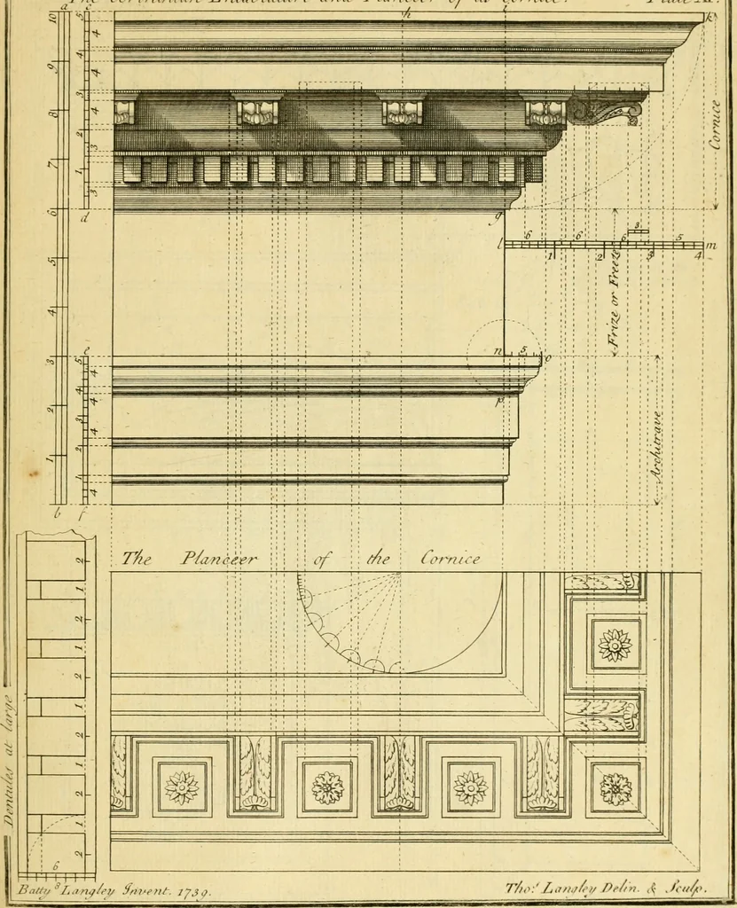 An illustration from The city and country builder's and workman's treasury of designs : or, The art of drawing and working the ornamental parts of architecture. Illustrated by upwards of four hundred grand designs, neatly engraved one hundred and eighty-fix Copper plates, for piers, gates, doors, windowns, niches, buffets, cisterns, chimney pieces, tabernacle frames, pavements, frets, gulochi's, pulpits, types, altar pieces, monuments, fonts, obelisques, pedestals, for sun-dials, busto's and stone tables, book-cafes, cielings and iron works ; proprortioned by Aliquot Pars ; with an appendix of fourteen plates of strusses for girders and beams, different sorts of rafters, and a variety of roofs, &c ; to which are prefix'd the five orders of columns, according to Andrea Palladio ; whose members are apportioned by Aliquot Pars, in a more easy manner, than has yet been done ; the whole interspersed with sure rules for working all the varieties of raking members in pediments, modilions, &c. the like, for the immediate use of workmen, never published before in any language, 1741, leaf 48