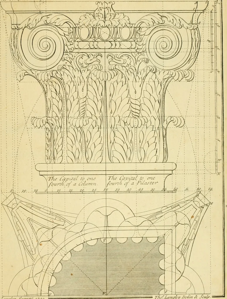 An illustration from The city and country builder's and workman's treasury of designs : or, The art of drawing and working the ornamental parts of architecture. Illustrated by upwards of four hundred grand designs, neatly engraved one hundred and eighty-fix Copper plates, for piers, gates, doors, windowns, niches, buffets, cisterns, chimney pieces, tabernacle frames, pavements, frets, gulochi's, pulpits, types, altar pieces, monuments, fonts, obelisques, pedestals, for sun-dials, busto's and stone tables, book-cafes, cielings and iron works ; proprortioned by Aliquot Pars ; with an appendix of fourteen plates of strusses for girders and beams, different sorts of rafters, and a variety of roofs, &c ; to which are prefix'd the five orders of columns, according to Andrea Palladio ; whose members are apportioned by Aliquot Pars, in a more easy manner, than has yet been done ; the whole interspersed with sure rules for working all the varieties of raking members in pediments, modilions, &c. the like, for the immediate use of workmen, never published before in any language, 1741, leaf 54