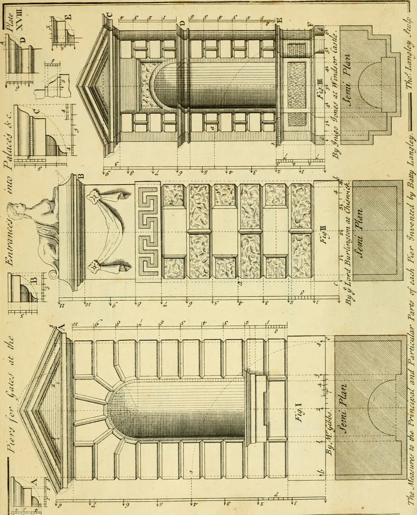 An illustration from The city and country builder's and workman's treasury of designs : or, The art of drawing and working the ornamental parts of architecture. Illustrated by upwards of four hundred grand designs, neatly engraved one hundred and eighty-fix Copper plates, for piers, gates, doors, windowns, niches, buffets, cisterns, chimney pieces, tabernacle frames, pavements, frets, gulochi's, pulpits, types, altar pieces, monuments, fonts, obelisques, pedestals, for sun-dials, busto's and stone tables, book-cafes, cielings and iron works ; proprortioned by Aliquot Pars ; with an appendix of fourteen plates of strusses for girders and beams, different sorts of rafters, and a variety of roofs, &c ; to which are prefix'd the five orders of columns, according to Andrea Palladio ; whose members are apportioned by Aliquot Pars, in a more easy manner, than has yet been done ; the whole interspersed with sure rules for working all the varieties of raking members in pediments, modilions, &c. the like, for the immediate use of workmen, never published before in any language, 1741, leaf 62