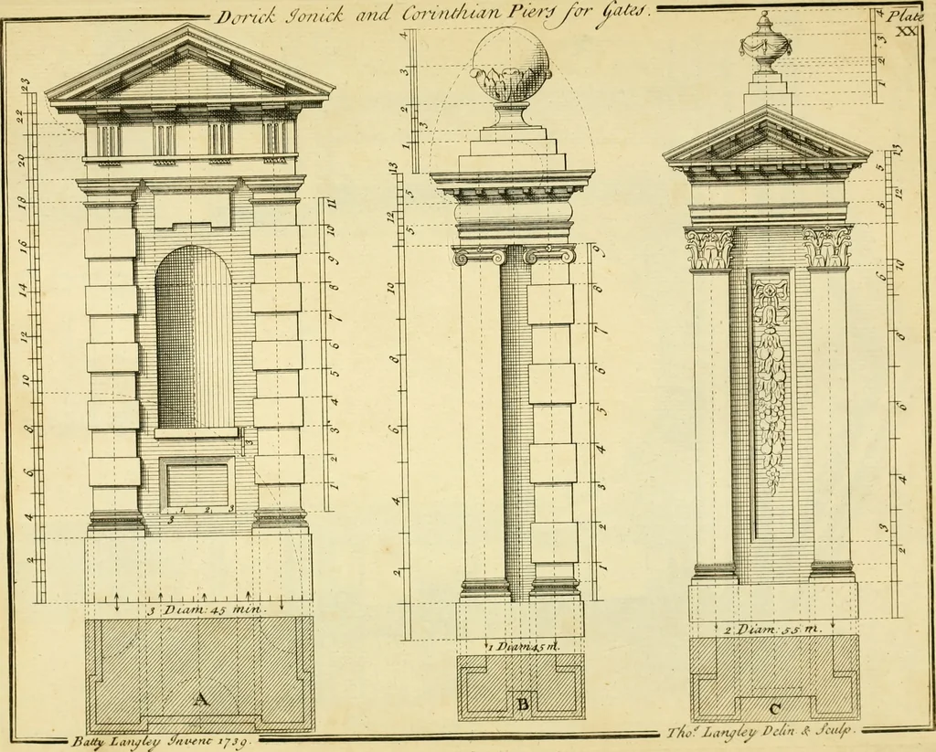 An illustration from The city and country builder's and workman's treasury of designs : or, The art of drawing and working the ornamental parts of architecture. Illustrated by upwards of four hundred grand designs, neatly engraved one hundred and eighty-fix Copper plates, for piers, gates, doors, windowns, niches, buffets, cisterns, chimney pieces, tabernacle frames, pavements, frets, gulochi's, pulpits, types, altar pieces, monuments, fonts, obelisques, pedestals, for sun-dials, busto's and stone tables, book-cafes, cielings and iron works ; proprortioned by Aliquot Pars ; with an appendix of fourteen plates of strusses for girders and beams, different sorts of rafters, and a variety of roofs, &c ; to which are prefix'd the five orders of columns, according to Andrea Palladio ; whose members are apportioned by Aliquot Pars, in a more easy manner, than has yet been done ; the whole interspersed with sure rules for working all the varieties of raking members in pediments, modilions, &c. the like, for the immediate use of workmen, never published before in any language, 1741, leaf 66