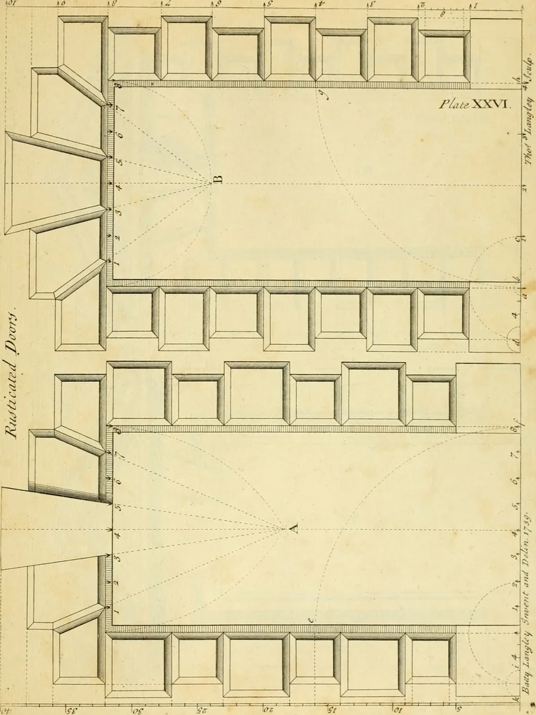 An illustration from The city and country builder's and workman's treasury of designs : or, The art of drawing and working the ornamental parts of architecture. Illustrated by upwards of four hundred grand designs, neatly engraved one hundred and eighty-fix Copper plates, for piers, gates, doors, windowns, niches, buffets, cisterns, chimney pieces, tabernacle frames, pavements, frets, gulochi's, pulpits, types, altar pieces, monuments, fonts, obelisques, pedestals, for sun-dials, busto's and stone tables, book-cafes, cielings and iron works ; proprortioned by Aliquot Pars ; with an appendix of fourteen plates of strusses for girders and beams, different sorts of rafters, and a variety of roofs, &c ; to which are prefix'd the five orders of columns, according to Andrea Palladio ; whose members are apportioned by Aliquot Pars, in a more easy manner, than has yet been done ; the whole interspersed with sure rules for working all the varieties of raking members in pediments, modilions, &c. the like, for the immediate use of workmen, never published before in any language, 1741, leaf 78