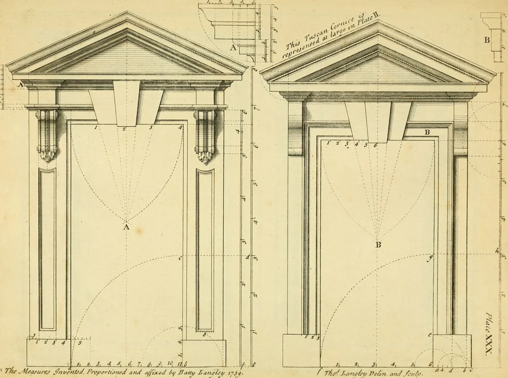 An illustration from The city and country builder's and workman's treasury of designs : or, The art of drawing and working the ornamental parts of architecture. Illustrated by upwards of four hundred grand designs, neatly engraved one hundred and eighty-fix Copper plates, for piers, gates, doors, windowns, niches, buffets, cisterns, chimney pieces, tabernacle frames, pavements, frets, gulochi's, pulpits, types, altar pieces, monuments, fonts, obelisques, pedestals, for sun-dials, busto's and stone tables, book-cafes, cielings and iron works ; proprortioned by Aliquot Pars ; with an appendix of fourteen plates of strusses for girders and beams, different sorts of rafters, and a variety of roofs, &c ; to which are prefix'd the five orders of columns, according to Andrea Palladio ; whose members are apportioned by Aliquot Pars, in a more easy manner, than has yet been done ; the whole interspersed with sure rules for working all the varieties of raking members in pediments, modilions, &c. the like, for the immediate use of workmen, never published before in any language, 1741, leaf 86