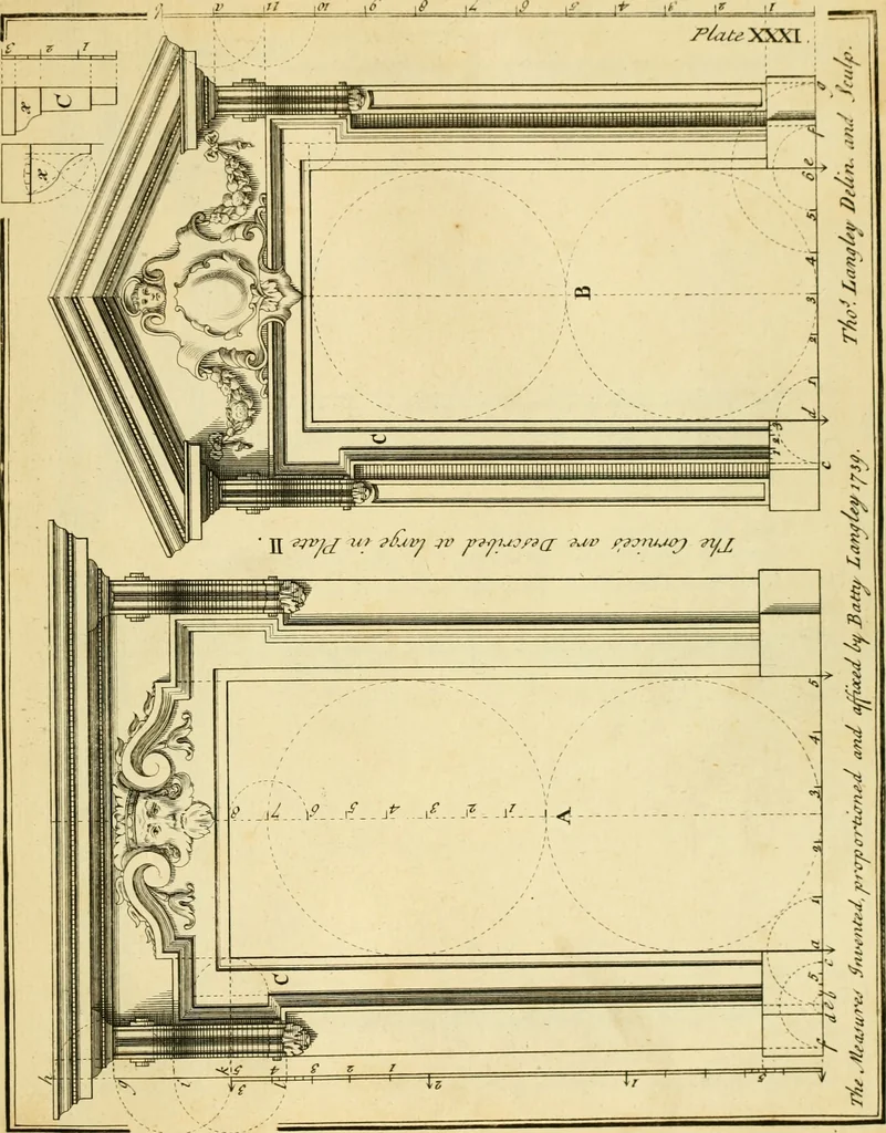 An illustration from The city and country builder's and workman's treasury of designs : or, The art of drawing and working the ornamental parts of architecture. Illustrated by upwards of four hundred grand designs, neatly engraved one hundred and eighty-fix Copper plates, for piers, gates, doors, windowns, niches, buffets, cisterns, chimney pieces, tabernacle frames, pavements, frets, gulochi's, pulpits, types, altar pieces, monuments, fonts, obelisques, pedestals, for sun-dials, busto's and stone tables, book-cafes, cielings and iron works ; proprortioned by Aliquot Pars ; with an appendix of fourteen plates of strusses for girders and beams, different sorts of rafters, and a variety of roofs, &c ; to which are prefix'd the five orders of columns, according to Andrea Palladio ; whose members are apportioned by Aliquot Pars, in a more easy manner, than has yet been done ; the whole interspersed with sure rules for working all the varieties of raking members in pediments, modilions, &c. the like, for the immediate use of workmen, never published before in any language, 1741, leaf 88
