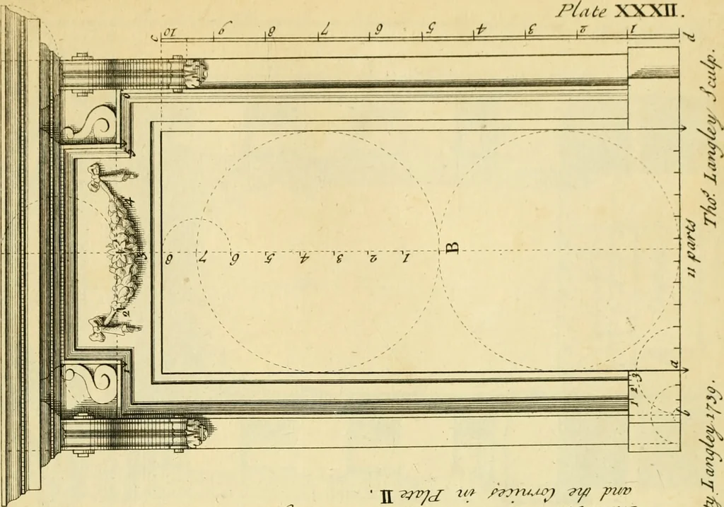 An illustration from The city and country builder's and workman's treasury of designs : or, The art of drawing and working the ornamental parts of architecture. Illustrated by upwards of four hundred grand designs, neatly engraved one hundred and eighty-fix Copper plates, for piers, gates, doors, windowns, niches, buffets, cisterns, chimney pieces, tabernacle frames, pavements, frets, gulochi's, pulpits, types, altar pieces, monuments, fonts, obelisques, pedestals, for sun-dials, busto's and stone tables, book-cafes, cielings and iron works ; proprortioned by Aliquot Pars ; with an appendix of fourteen plates of strusses for girders and beams, different sorts of rafters, and a variety of roofs, &c ; to which are prefix'd the five orders of columns, according to Andrea Palladio ; whose members are apportioned by Aliquot Pars, in a more easy manner, than has yet been done ; the whole interspersed with sure rules for working all the varieties of raking members in pediments, modilions, &c. the like, for the immediate use of workmen, never published before in any language, 1741, leaf 90