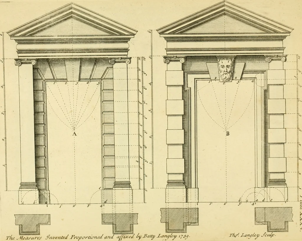 An illustration from The city and country builder's and workman's treasury of designs : or, The art of drawing and working the ornamental parts of architecture. Illustrated by upwards of four hundred grand designs, neatly engraved one hundred and eighty-fix Copper plates, for piers, gates, doors, windowns, niches, buffets, cisterns, chimney pieces, tabernacle frames, pavements, frets, gulochi's, pulpits, types, altar pieces, monuments, fonts, obelisques, pedestals, for sun-dials, busto's and stone tables, book-cafes, cielings and iron works ; proprortioned by Aliquot Pars ; with an appendix of fourteen plates of strusses for girders and beams, different sorts of rafters, and a variety of roofs, &c ; to which are prefix'd the five orders of columns, according to Andrea Palladio ; whose members are apportioned by Aliquot Pars, in a more easy manner, than has yet been done ; the whole interspersed with sure rules for working all the varieties of raking members in pediments, modilions, &c. the like, for the immediate use of workmen, never published before in any language, 1741, leaf 96
